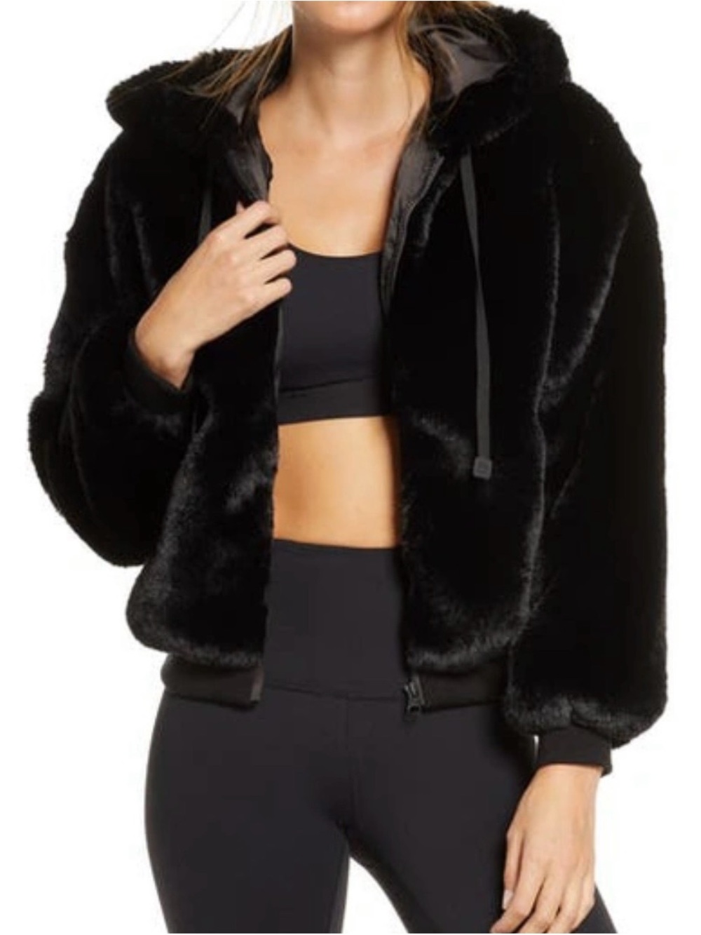 blanc noir Black Plush Faux Fur Hooded Jacket